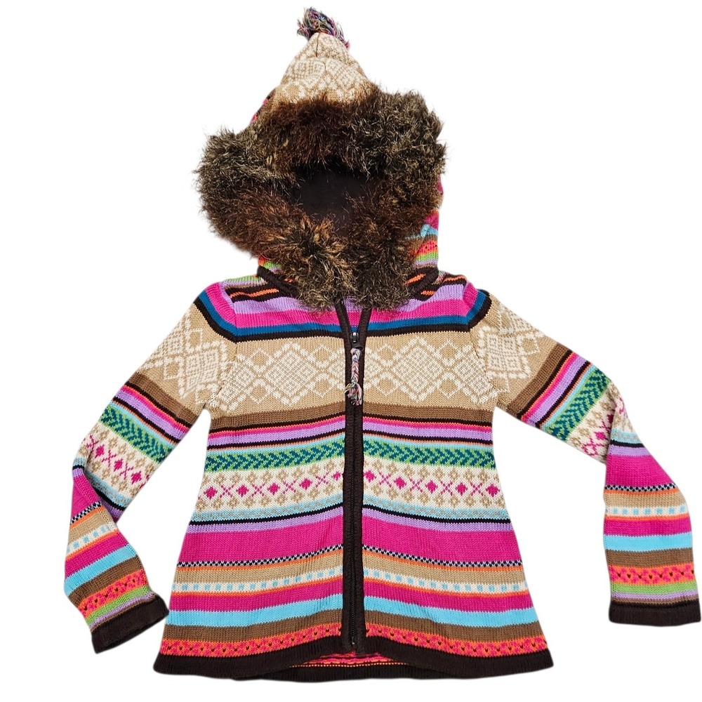 BABY Gap Y2k Girls Fair Isle Zip Up Hood Sweater Jacket Rainbow Stripes Faux Fur